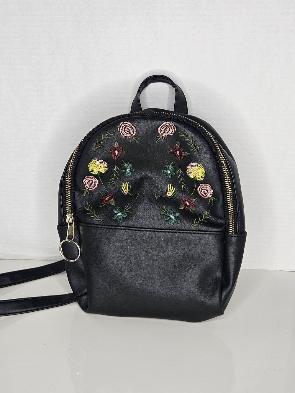 art class Black Mini Backpack with Multicolor Floral Embroidery